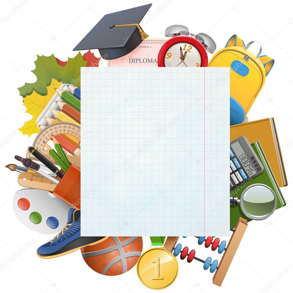 Vector Exercise Book Sheet with School Accessories