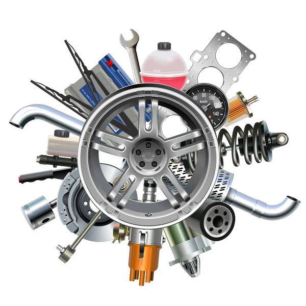 Vector de piezas de coche con disco de rueda — Vector de stock