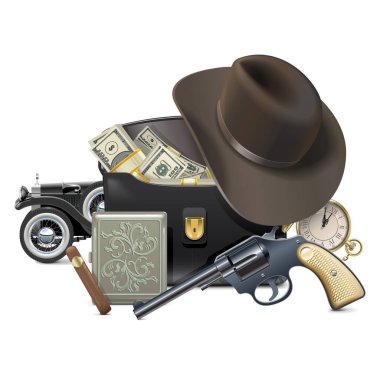 Beyaz arkaplanda izole edilmiş para ile vektör gangster kavramı