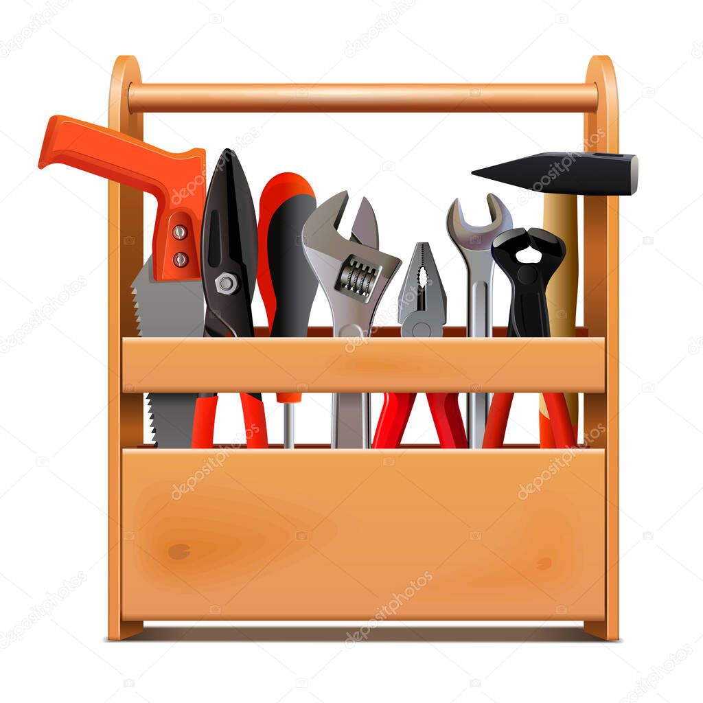 Vector Narrow Wooden Toolbox with Tools isolated on white background