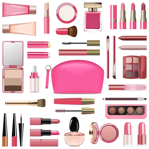 Vector Makeup Cosmetics Med Rose Cosmetic Bag Isolerad Vit Bakgrund — Stock vektor