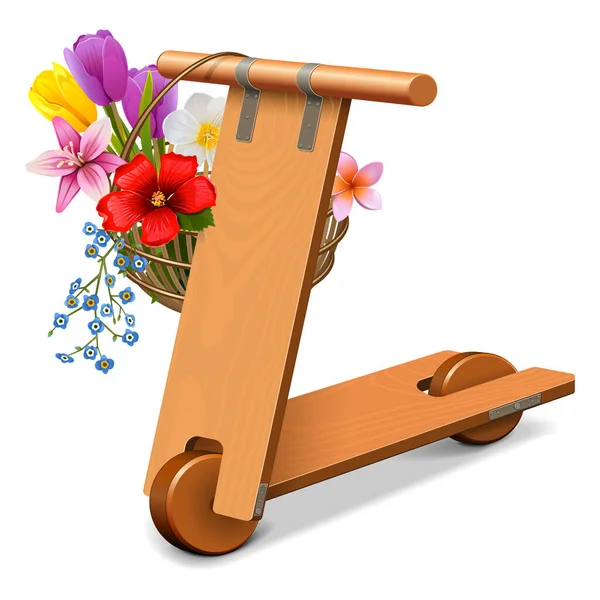 Vector Madera Kick Scooter Con Flores Aisladas Sobre Fondo Blanco — Archivo Imágenes Vectoriales