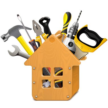 Beyaz arkaplanda araçları izole edilmiş Vektör Ahşap Evi