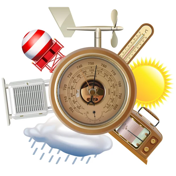 Vektor Meteorologisk Utrustning Koncept Med Barometer Isolerad Vit Bakgrund — Stock vektor