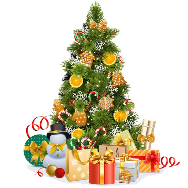 Vector Christmas Pine Tree Med Söta Dekorationer Isolerad Vit Bakgrund — Stock vektor
