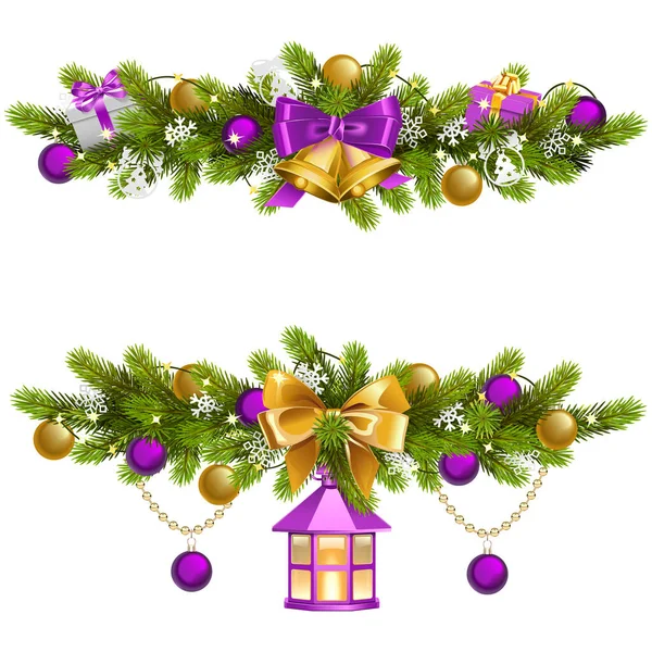 Vector Fir Decoratie Met Purple Decoraties Geïsoleerd Witte Achtergrond — Stockvector