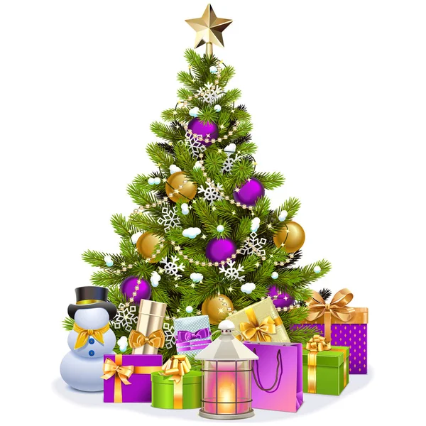 Vector Árbol Navidad Nevado Con Decoraciones Púrpuras Aisladas Sobre Fondo — Archivo Imágenes Vectoriales
