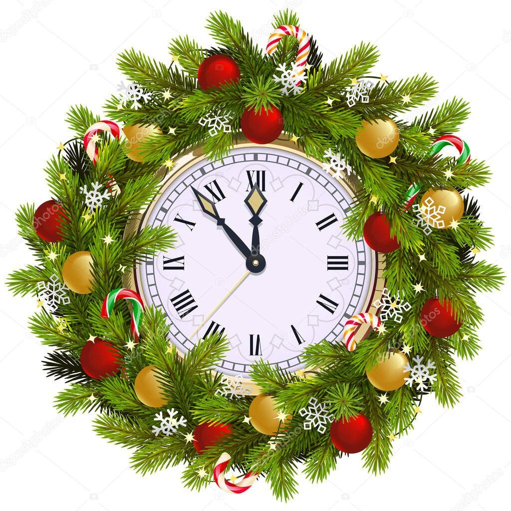 Vector Christmas Fir Wreath with Clock isolated on white background