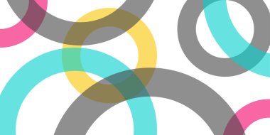 Turkuaz, sarı, pembe ve gri de dahil olmak üzere canlı ve sessiz renklerde büyük, üst üste binen halkalar içeren oyuncu ve soyut bir arkaplan.