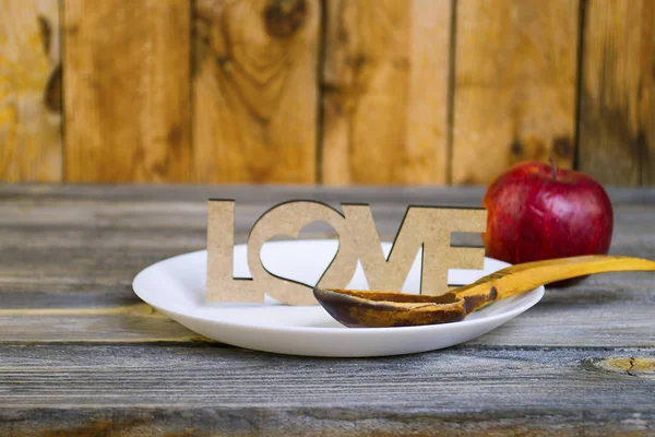 Abstração Amor Cozinhar Comida Placa Branca Velho Fundo Madeira — Fotografia de Stock