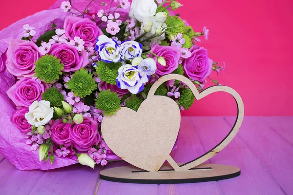 Beautiful Bouquet Flowers Pink Roses Pink Background — Stock Photo, Image