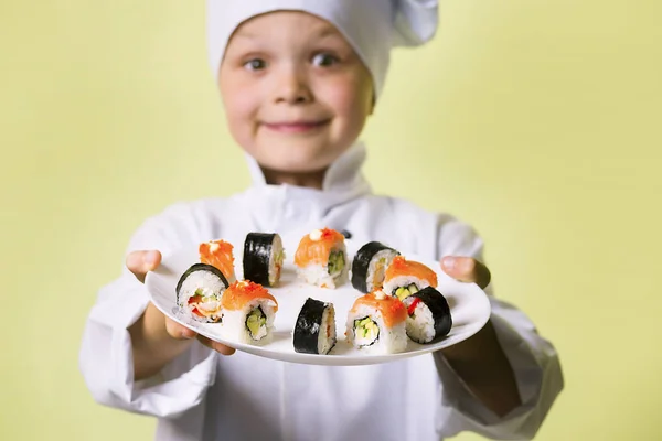 Funny Boy Chef Cooked Sushi Plate — Stock Photo, Image