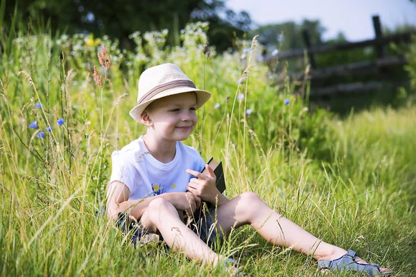 Cute Boy Reading Book Nature Village Summer — Stock Photo, Image