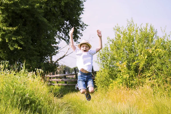 Happy Cute Boy Jumping High Nature Village Summer — Stock Photo, Image