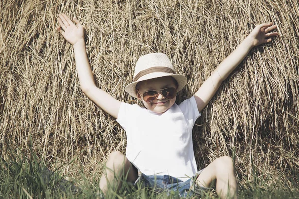 Happy Cute Boy Stack Straw Summer Field — Stock Photo, Image