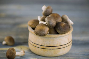 ham taze Japon ahşap arka plan üzerinde shiitake mantar