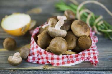 ham taze Japon ahşap arka plan üzerinde shiitake mantar