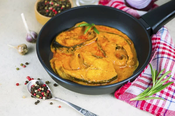 Stewed Red Salmon Fish Tomato Sauce Frying Pan — Stock Photo, Image