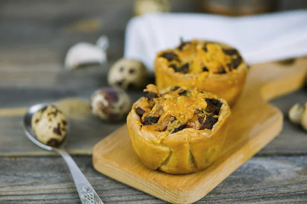 Baked Puff Pastry Meat Stuffing Cheese Wooden Board — Stock Photo, Image