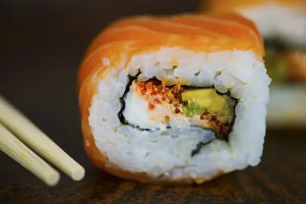 Sushi Salmon Cheese Avocado Close — Stock Photo, Image