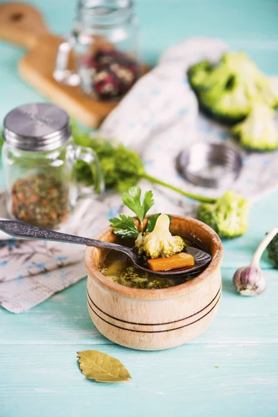 Soupe Légumes Avec Brocoli Dans Bouillon Poulet Dans Une Casserole — Photo