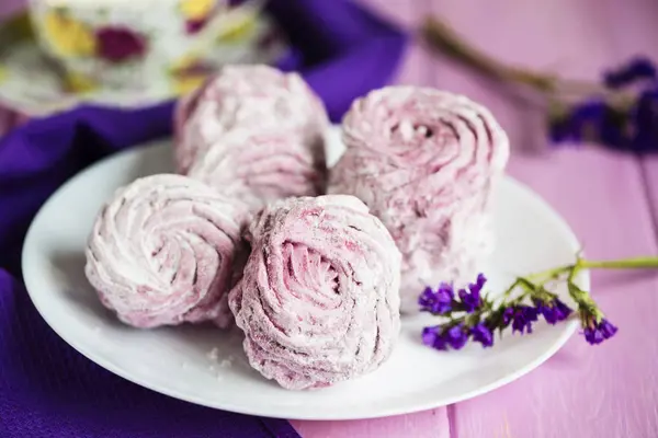 Pink Fruit Marshmallow Plate Wooden Background — Stock Photo, Image