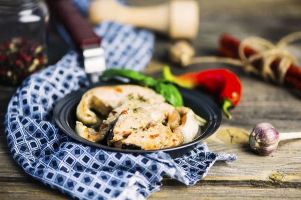 Stewed Salmon Spices Spicy Sauce Frying Pan Wooden Table — Stock Photo, Image