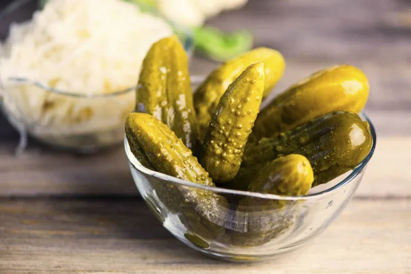 Pickled Cucumbers Glass Plate Wooden Board — Stock Photo, Image