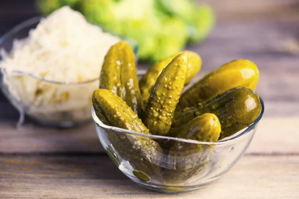 Pickled Cucumbers Glass Plate Wooden Board — Stock Photo, Image