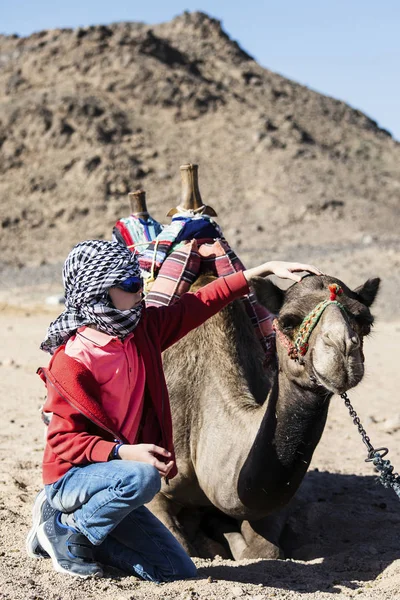 Leuke Jongen Reist Met Een Kameel Woestijn Afrika — Stockfoto