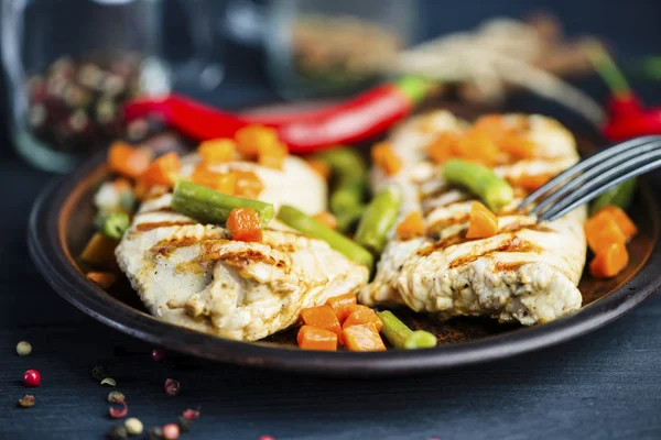 Grilled Turkey Fillet Vegetables Pepper Spices Plate — Stock Photo, Image