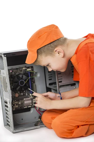 Cute Boy Repairing Computer System Unit White Background — Stock Photo, Image