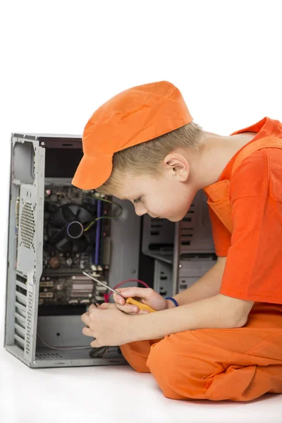 Cute Boy Repairing Computer System Unit White Background — Stock Photo, Image