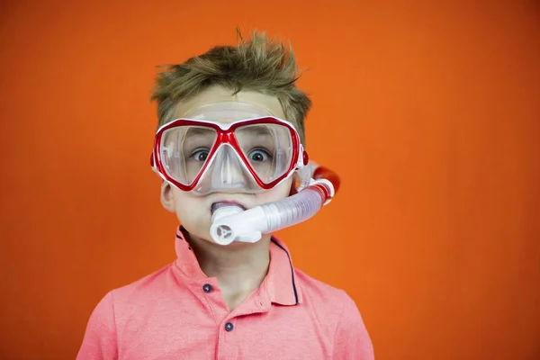 Funny Boy Swimming Goggles Snorkel Bright Orange Background — Stock Photo, Image