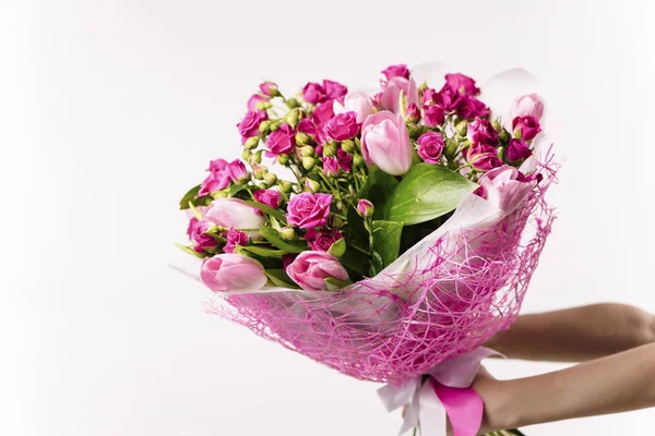 Background Beautiful Bouquet Pink Wild Rose Pink Tulip — Stock Photo, Image