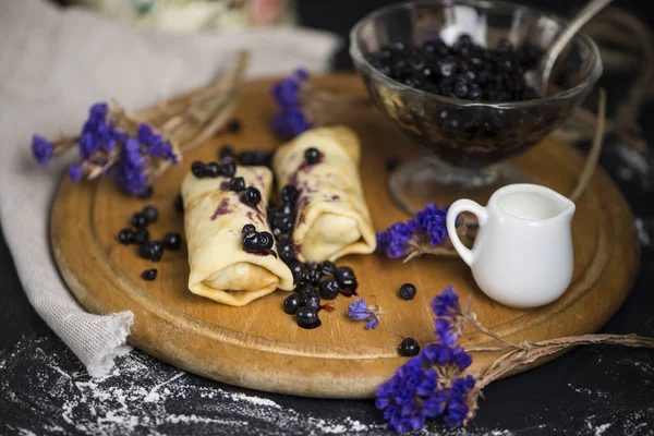 Sweet Pancakes Blueberry Jam Berry Jam Glass Vase — Stock Photo, Image