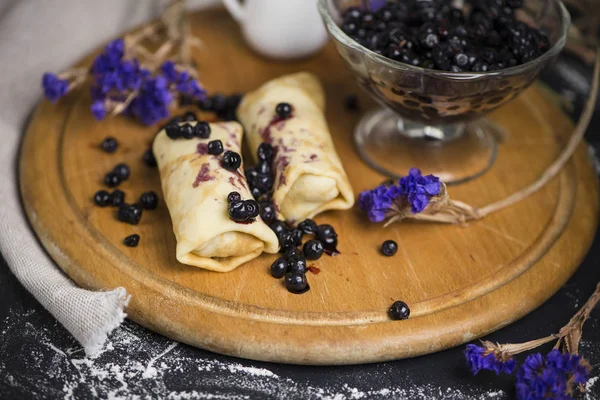 Sweet Pancakes Blueberry Jam Berry Jam Glass Vase — Stock Photo, Image