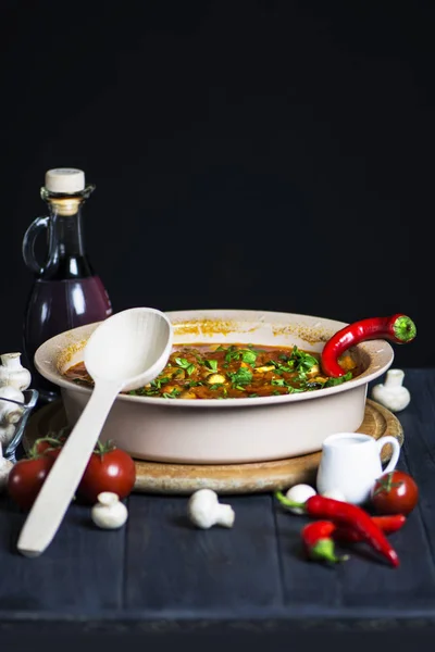 Fillet Sea Fish Tomato Mushroom Sauce Spices Dark Wooden Background — Stock Photo, Image