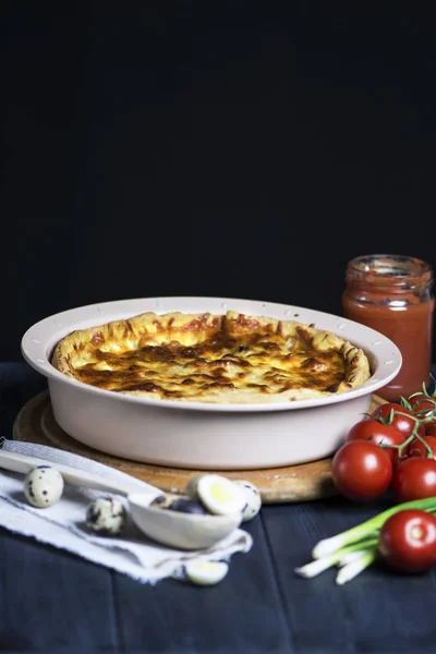 Fleischkuchen Mit Karotten Zwiebeln Und Käse Einer Auflaufform Auf Dunklem — Stockfoto