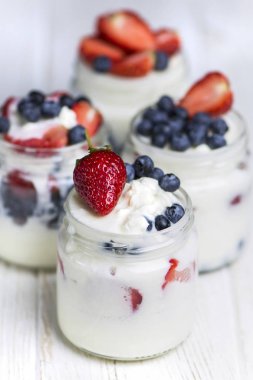 süzme peynir, süt, jelatin ve yabanmersinli çilek.