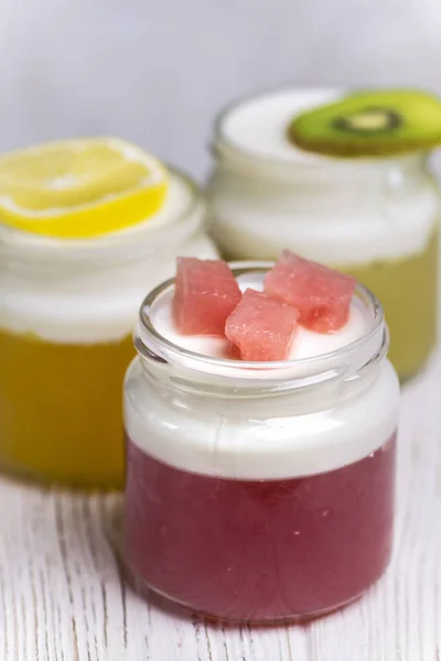 Homemade Jelly Made Natural Juices Orange Watermelon Kiwi Milk — Stock Photo, Image