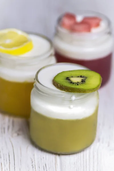 Homemade Jelly Made Natural Juices Orange Watermelon Kiwi Milk — Stock Photo, Image