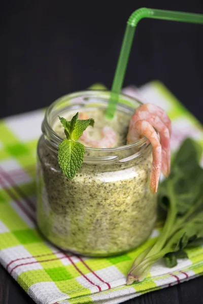 Spinach Cream Soup Shrimp Glass Jar Dark Background — Stock Photo, Image