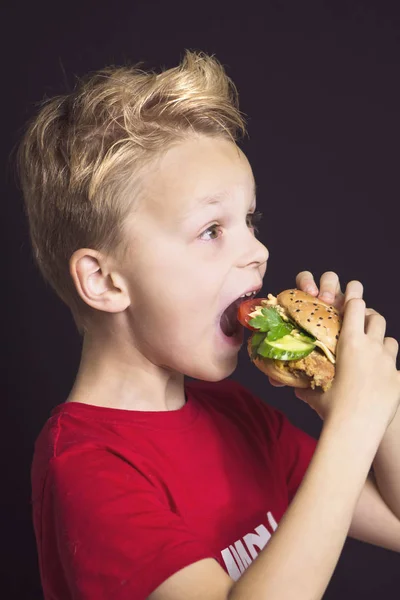 口を開けたままの面白い男の子がチキンと野菜とチーズとおいしいバーガーを食べる — ストック写真