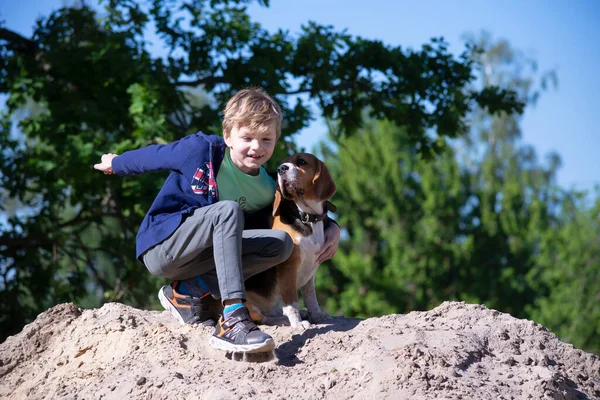 Menino Seu Amigo Engraçado Cão Beagle Livre Verão — Fotografia de Stock