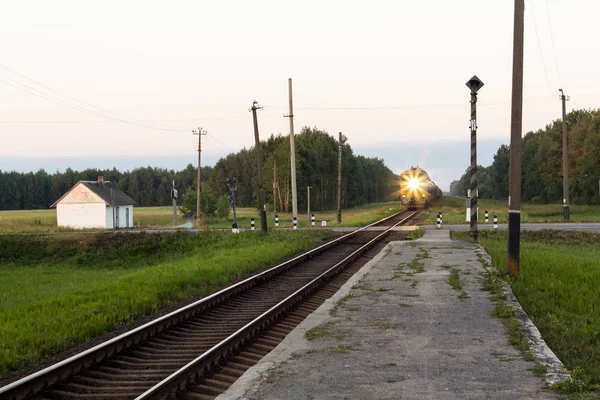 Nákladní Vlak Táhne Plošině — Stock fotografie