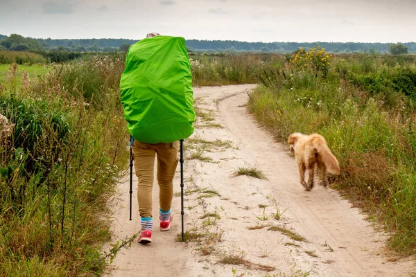 girl on a hike with a backpack is on the field road