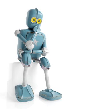 retro robot küp, yapay zeka üzerinde oturan düşünüyor,