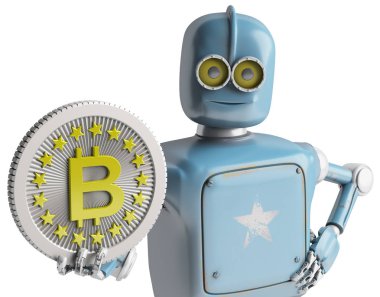 Rero Robot Bitcoin tutuyor. Beyaz üzerinde izole edin. Kripto Para Birimi.