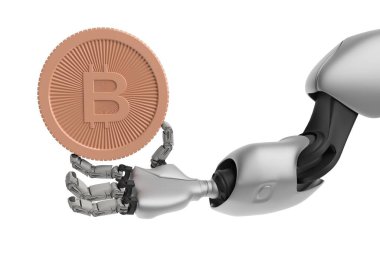 Bitcoin tutan Robot'un eli. Beyaz üzerinde izole edin. Kripto Para Birimi